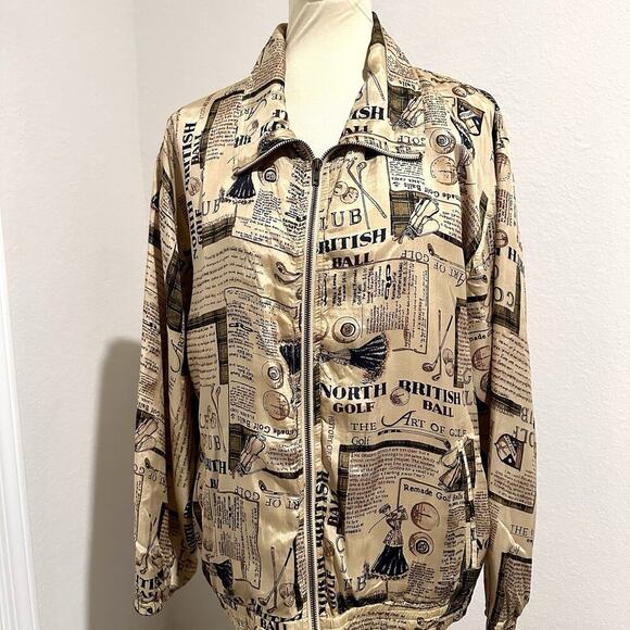 Vintage Silk Golf Novelty Print Track Suit Co Ord Set 90s Sporty Athleisure Tan - Picture 3 of 9